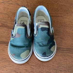 Toddler size 7 Vans slip ons in woodland camo. Gently warn a handful of times